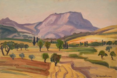 Acrocorinth from Behind, Afternoon — Oil painting, Canvas, 38.00×55.00cm — Theodoros Markellos